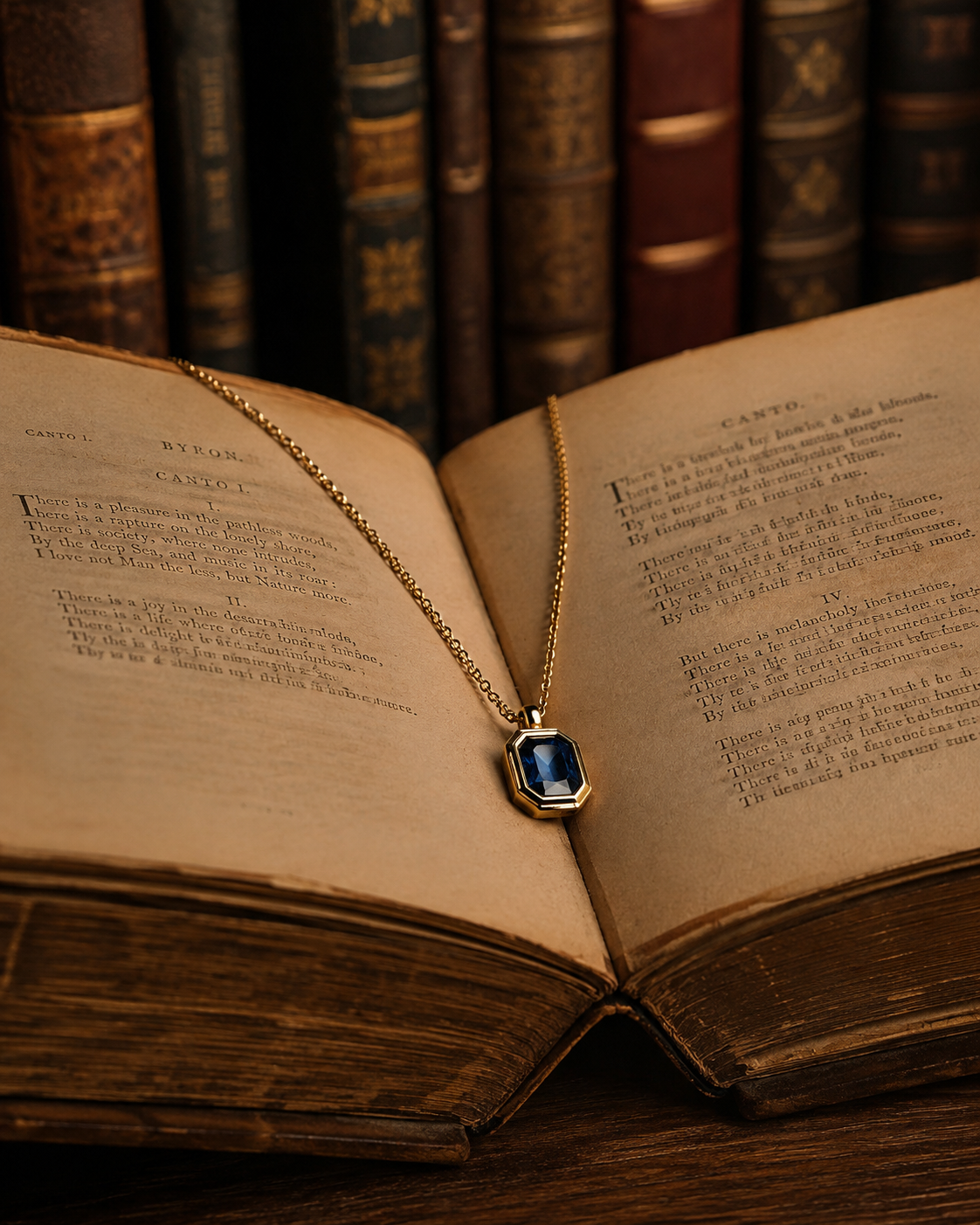Vintage Sapphire Blue Emerald Cut Gold Pendant Necklace resting on an open vintage book