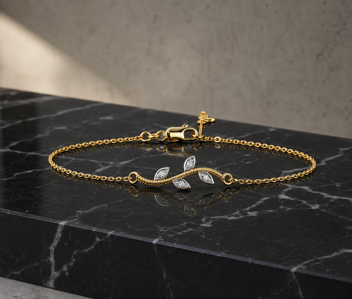 Dainty Crystal Leaf Bracelet on black marble surface