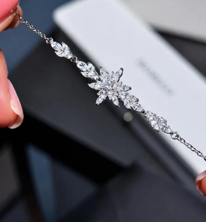 Silver Crystal Flower Bracelet with marquise starburst cluster chain